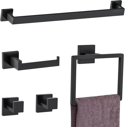 5 Pieces Towel Bar Set Matte Black Bathroom Hardware Accessories Set Include Towel Rack TP Holder Towel Ring Coat Hooks Stainless Steel Wall Mounted Towel Holder Set for Bathroom,23.6 in