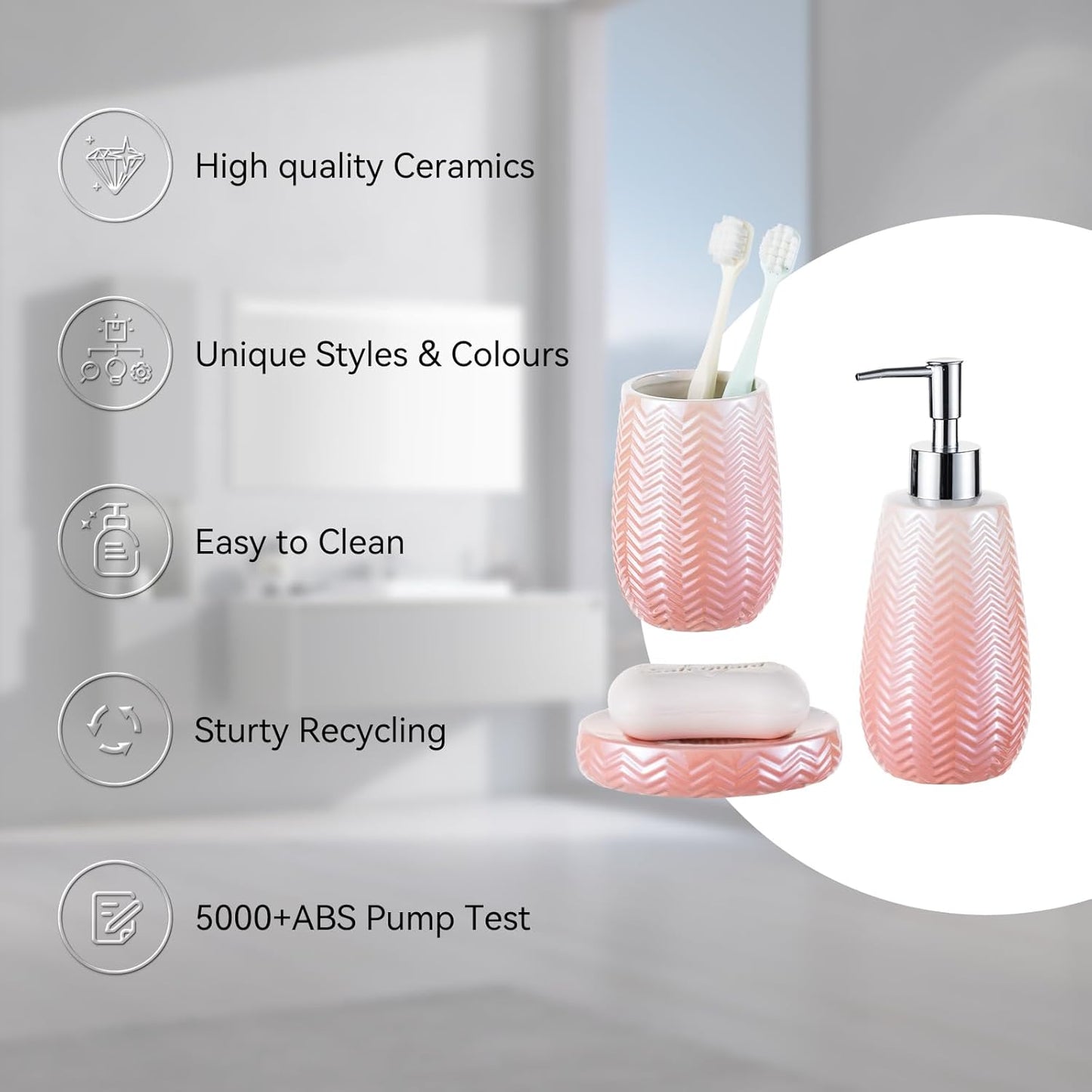 Bathroom Accessory Set, Pink Bathroom Decor, Pink Soap Dispenser, Soap Dish and Tumbler,Wavy Bathroom Accessories Set Complete.