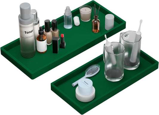 BBK Bathroom Vanity Tray- 2 Pack (7.8" and 11.8") Silicone Bathroom Tray for Counter, Perfume Key Trinket Ring Tray, Decor Soap Dispenser Countertop Tray for Kitchen Sink Organization.(Green)