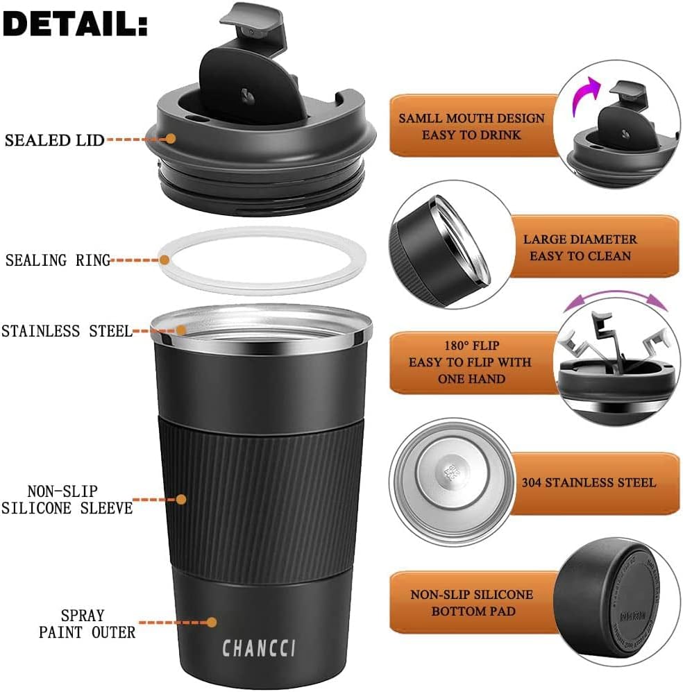 16oz Travel Coffee Mug Spill Proof, Insulated Coffee Mug with Lid, Leakproof Coffee Tumbler,Stainless Steel Vacuum Coffee Cup for Hot/Cold Drinks, Reusable Coffee Cup for Men Women -510ml,Black
