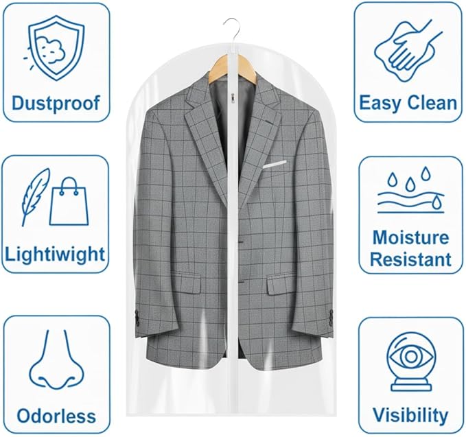 40” All Clear Garment Bags for Travel - PEVA Waterproof Suit Cover with Zipper for Hanging Clothes, Dresses, Coats - Durable Dresser for Closet Storage, Dustproof & Moisture Resistant - 40''/12 Pack