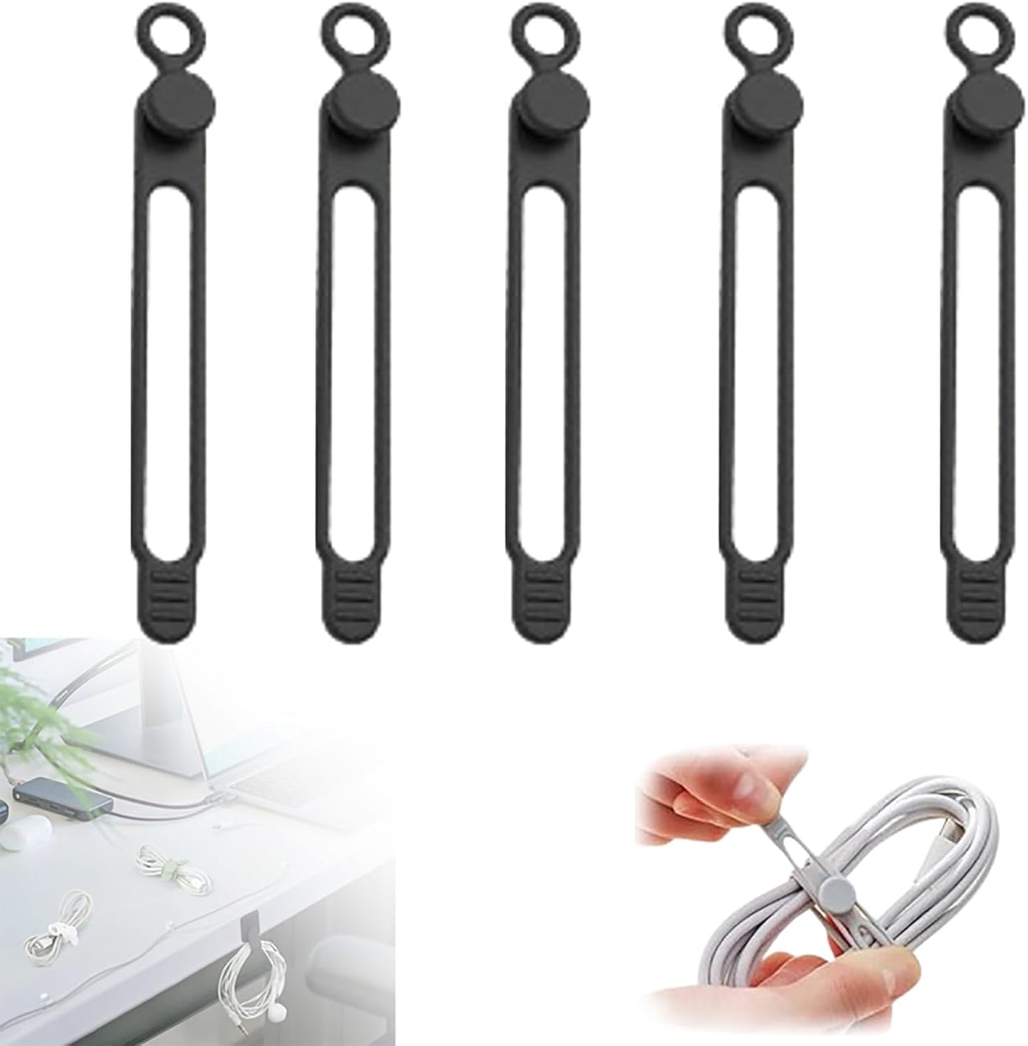 Silicone Cable Ties, 2024 New Data Cable Organizer Silicone Cable Ties Reusable Cable Management Organizer Multipurpose Cable Management for Travel/Portable/Office/Home Desk (Black, 5 Pcs)