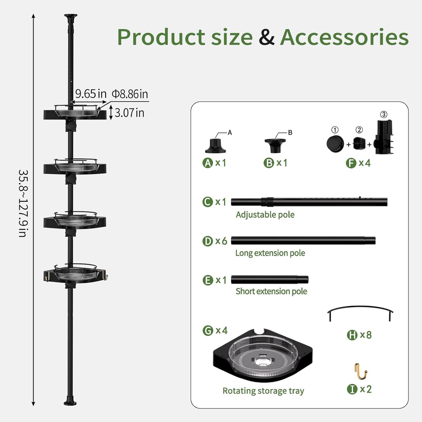 Shower Caddy Tension Pole with 4 L-Lazy Susan Organizer 360 Rotating 35-128 Inch No Drilling Floor Standing Shelves Adjustable Shower Rack for Bathroom Corner (Black)