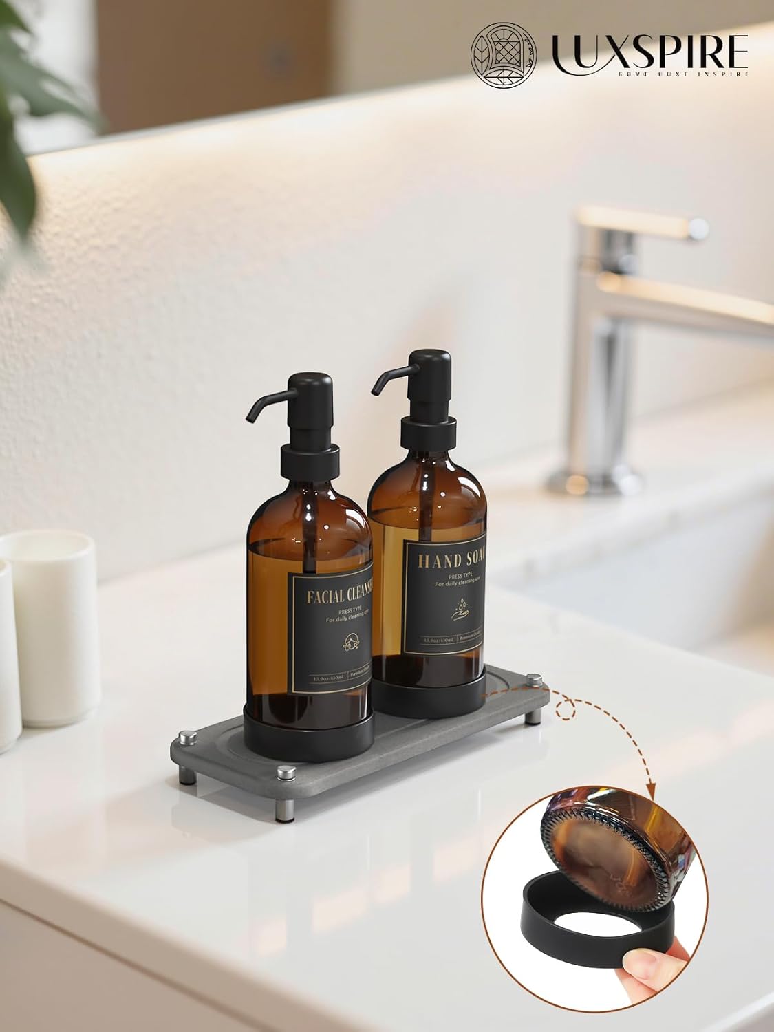 Luxspire Soap Dispenser Set, Hand Soap Dispensers with Fast Drying Tray, 17 oz Glass Refillable Liquid Bottle for Bathroom & Kitchen, Kitchen, 2 Pack, Brown + Dark Gray
