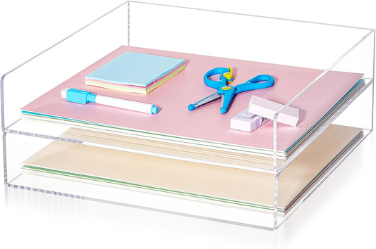 Yulejo 2 Pcs 12.4 x 12.4 x 2.36" Acrylic Desk Organizers Accessories Paper Storage Tier File Office Organizer Tray Stackable Document Clear Desk Accessories for Office Workspace Organization