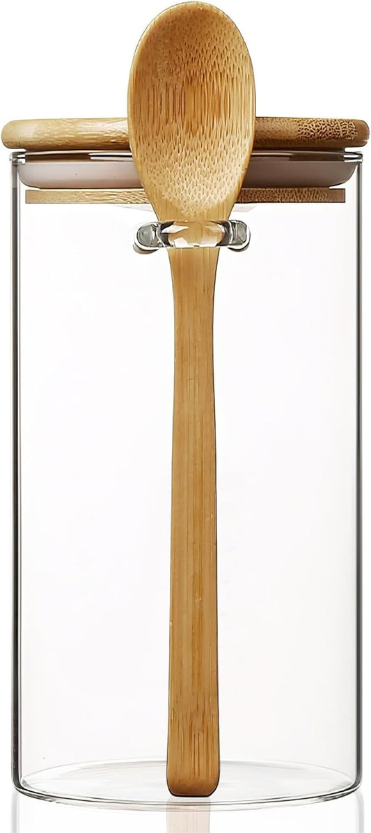 34 oz/1000 ml Glass Storage Canister with with Airtight Lid, Cute Clear Decorative Container Jar with Wooden Spoon for Coffee Spice Candy Salt Cookie Condiment Sugar Matcha Tea Overnight Oats