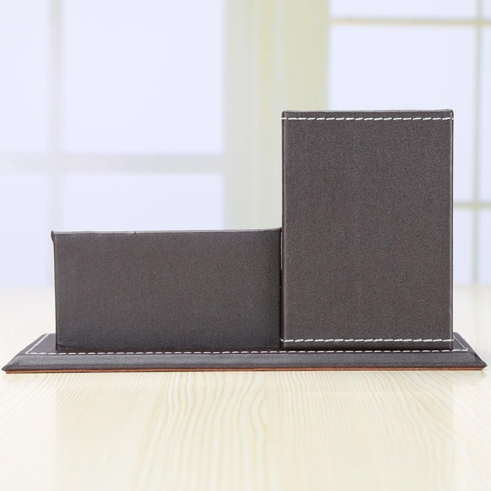 KINGFOM PU Leather Desk Organizer and Accessories, Pencil Holder for Desk with Business Cards Stand, School Office Supplies Collection Caddy Brown