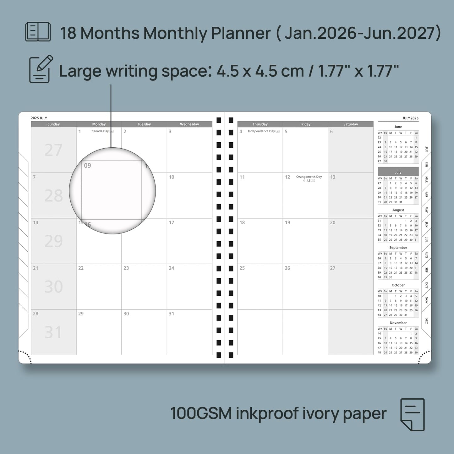 POPRUN Monthly Planner 2026-2027 (Large 8.5" x 10.5") 18 Months Calendar (Jan 2026 - Jun 2027) - 4 Pages per Month with Expense & Notes, Stair-like tabs, Leather Cover, Sunday Starts - Pacific Green
