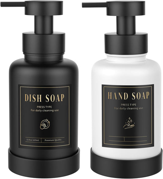 Luxspire Foaming Soap Dispenser, Glass Foam Pump Soap Dispenser, Non-Slip Silicone Sleeve & 5 Waterproof Labels, 15 Oz Refillable Liquid Bottle for Bathroom & Kitchen, Black+White, 2 Pack