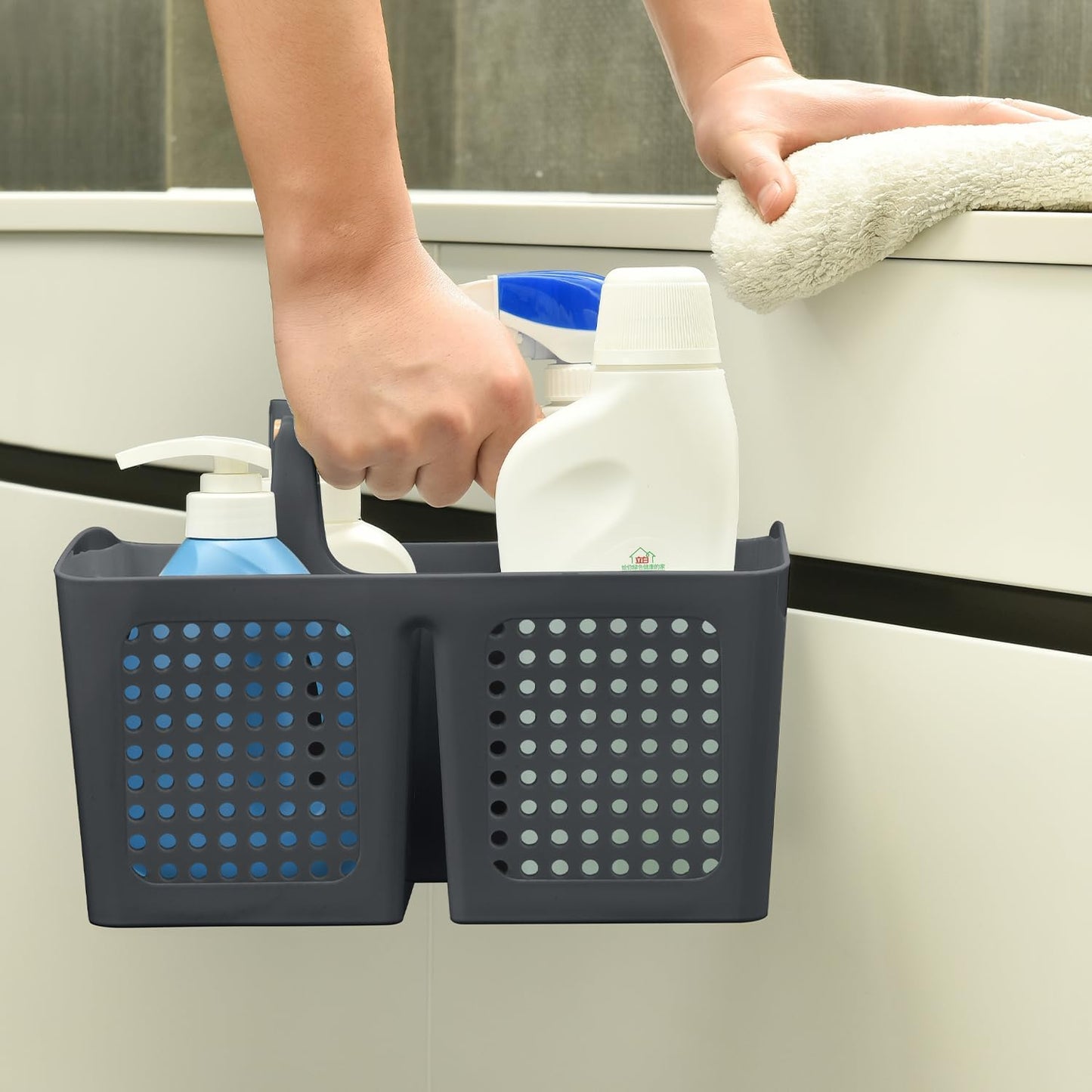 Portable Shower Caddy Basket with Compartments, Plastic Divided Cleaning Caddy Organizer Storage Tote with Handle for Bathroom, College, Dorm Room Essentials, Dark Gray