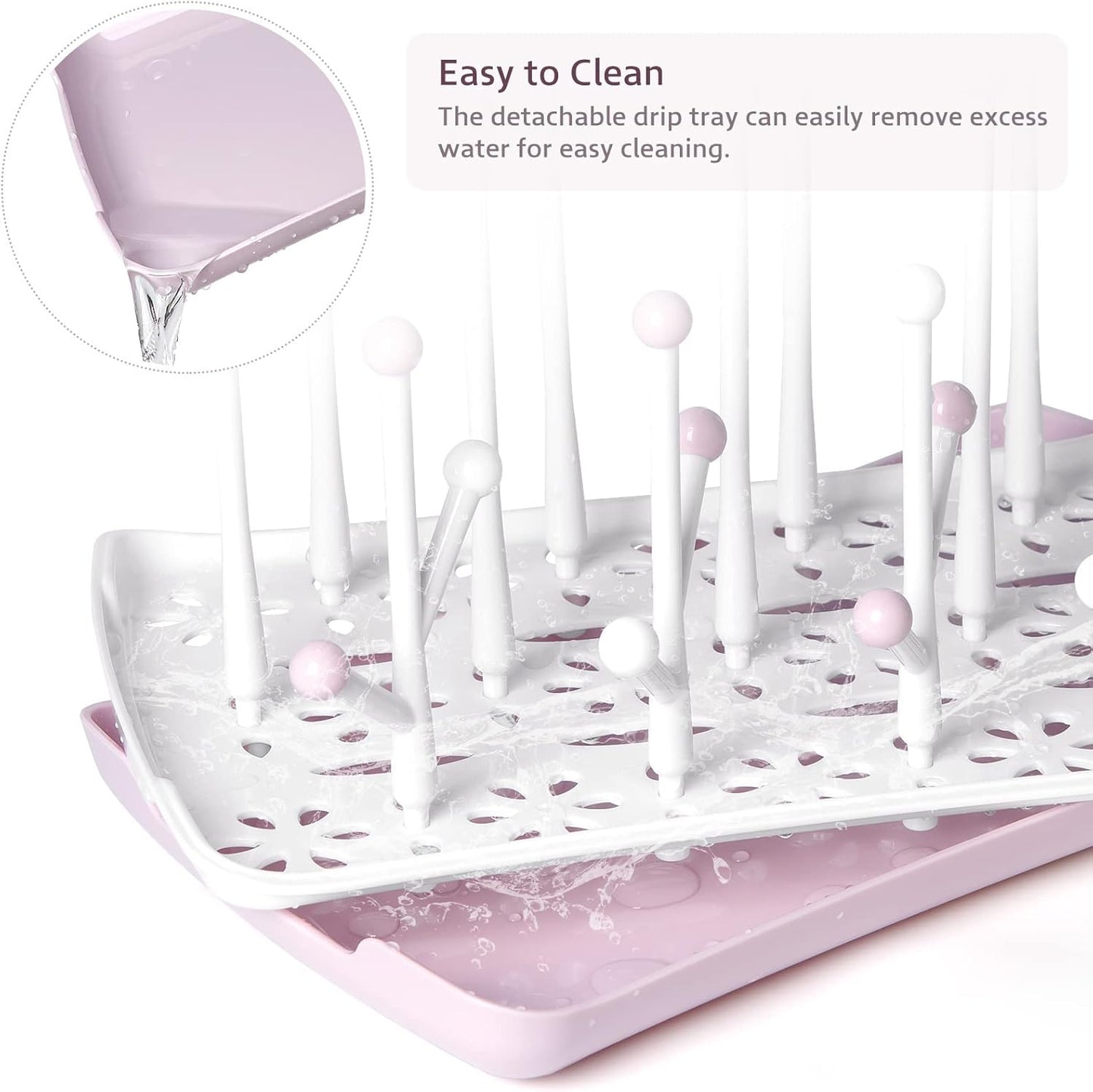 Termichy Baby Bottle Drying Rack, Large Capacity Baby Bottle Rack for Bottles, Dry Rack with Removable Water Tray(Pink)