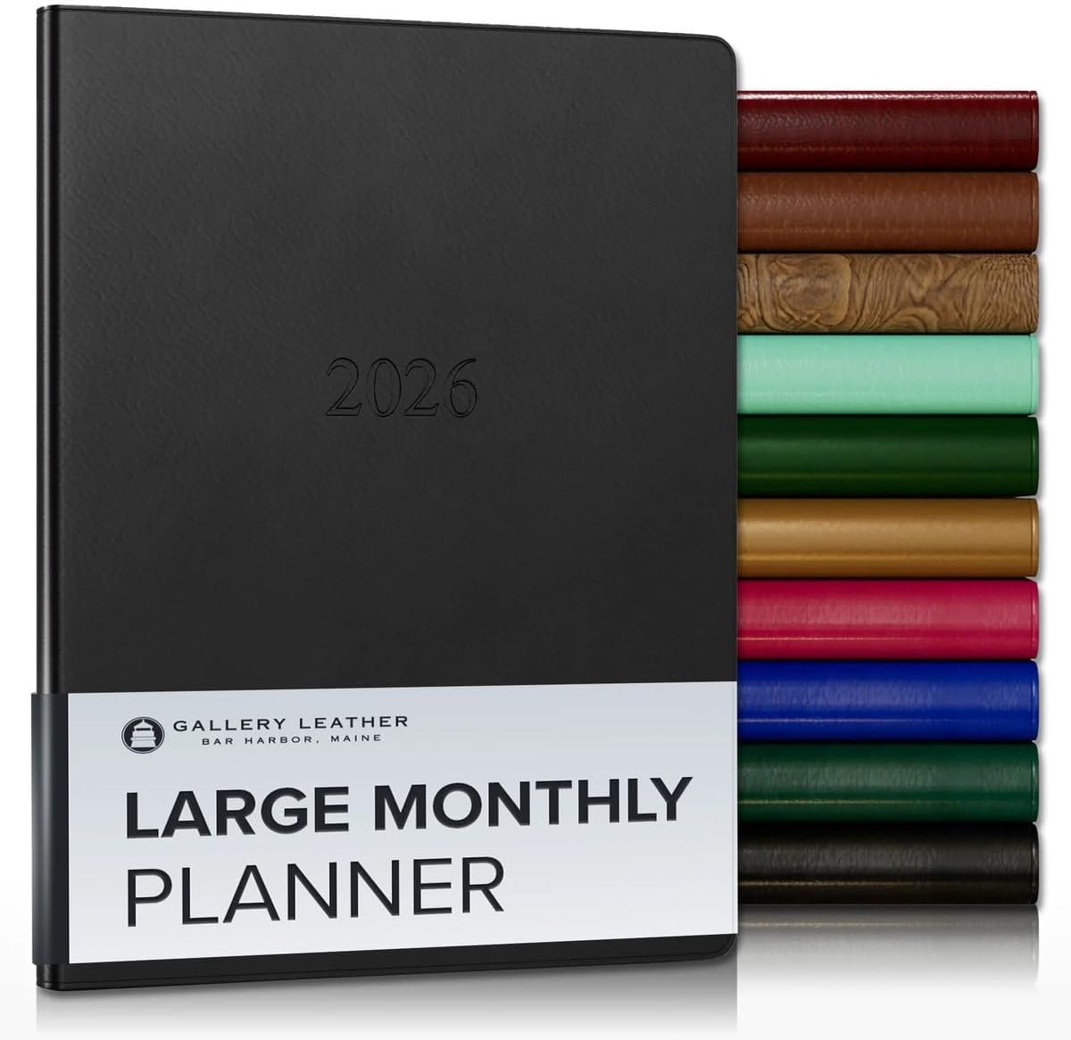 Gallery Leather Large Monthly Planner 2025-2026, Elegantly Bound Calendar Planner and Notebook with Stylish Gold-Gilded Page Edges, 18 Months - Freeport Black - 9.75x7.5"