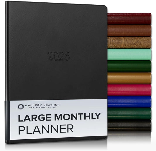 Gallery Leather Large Monthly Planner 2025-2026, Elegantly Bound Calendar Planner and Notebook with Stylish Gold-Gilded Page Edges, 18 Months - Freeport Black - 9.75x7.5"
