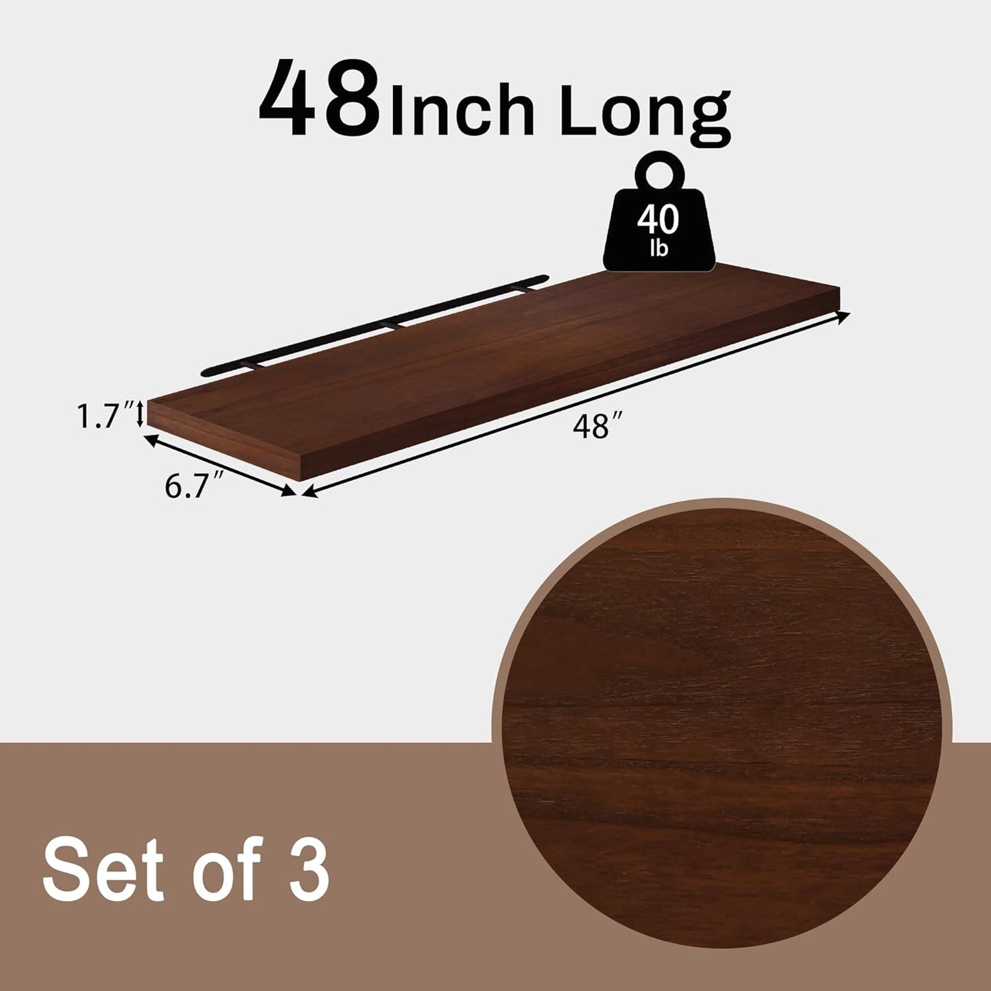 Floating Shelves for Wall, 48 Inch Extra Long Walnut Wall Shelves, Set of 3, Hanging Invisible Brackets Floating Shelves for Living Room,Bedroom,and Kitchen