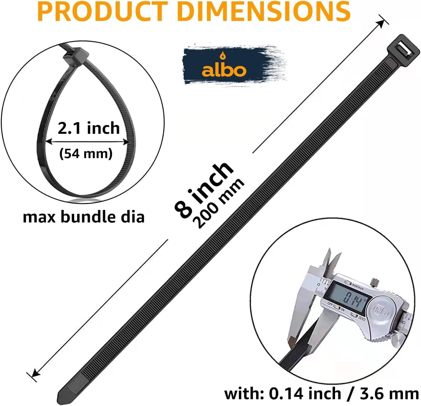 ALBO Zip Ties Black 8 Inch 5000 Pack 40 lb, Long Plastic Cable Ties Thick 0.14 Inch Tie Wraps Heavy Duty UV Resistant Nylon Wire Ties for Indoor and Outdoor / 5000pcs