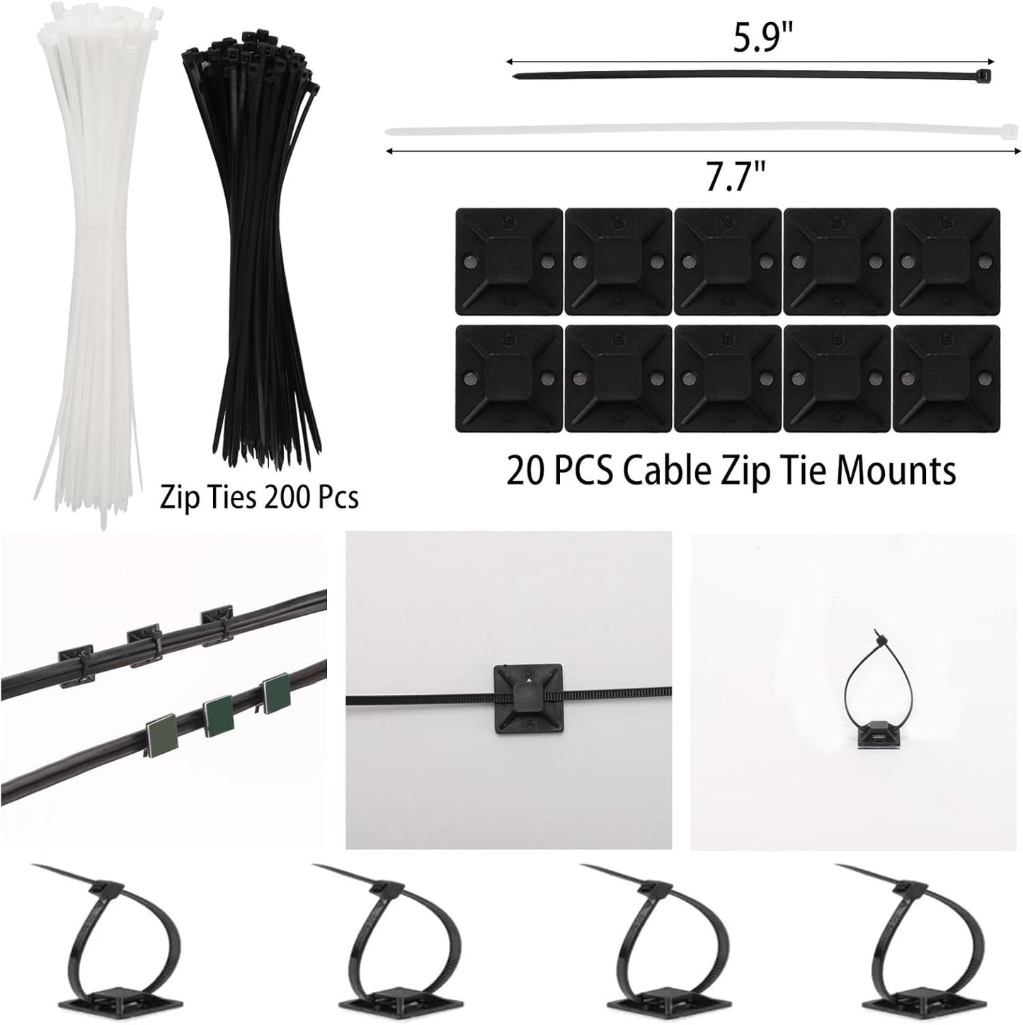 604 Pcs Cable Management Kit, 4 Cord Organizer Sleeve, 7 Cable Holder, 38 Adhesive Cord Clips, 40 Pcs+5 Roll Cable Organizer Straps 200 Cable Ties 300 Cable Wire Clips for PC TV Under Desk