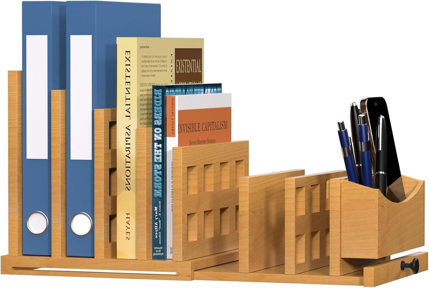 AO LI GEI Wood File Mail Organizer,Expandable Desktop Organizer Paper Sorter Pull Out from 4 to 7 Slots with Hanging Storage Box & Phone Stand,File Holders for Office Desk Home & School ﻿