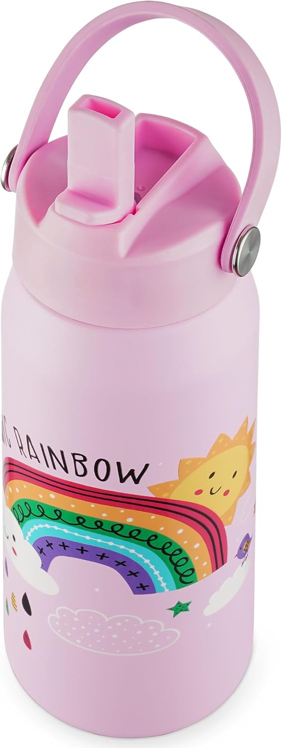 OLDLEY kids Water Bottle - 18oz Insulated Stainless Steel - Wide Straw Lid, Non Spill, Leakproof, Kids Water Bottle for School,Rainbow