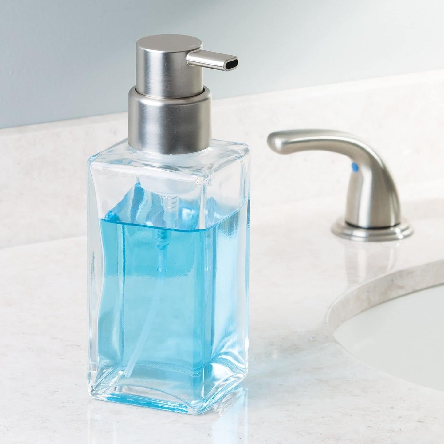 mDesign Glass Refillable Foaming Hand Soap Dispenser Modern Square Pump Bottle for Bathroom Vanity or Kitchen Sink, Countertops - Casi Collection - 2 Pack - Blue/Brushed, Clear/Brushed