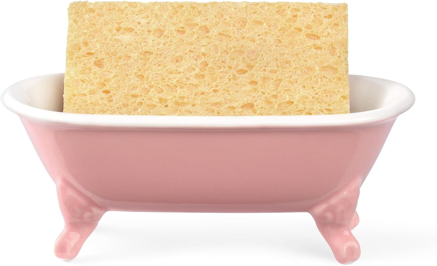 6.5" Ceramic Mini Decorative Clawfoot Bathtub Bar Soap Dish, Kitchen Sponge Holder and Shower Tray for Bathroom, 1 Pack(Rose)