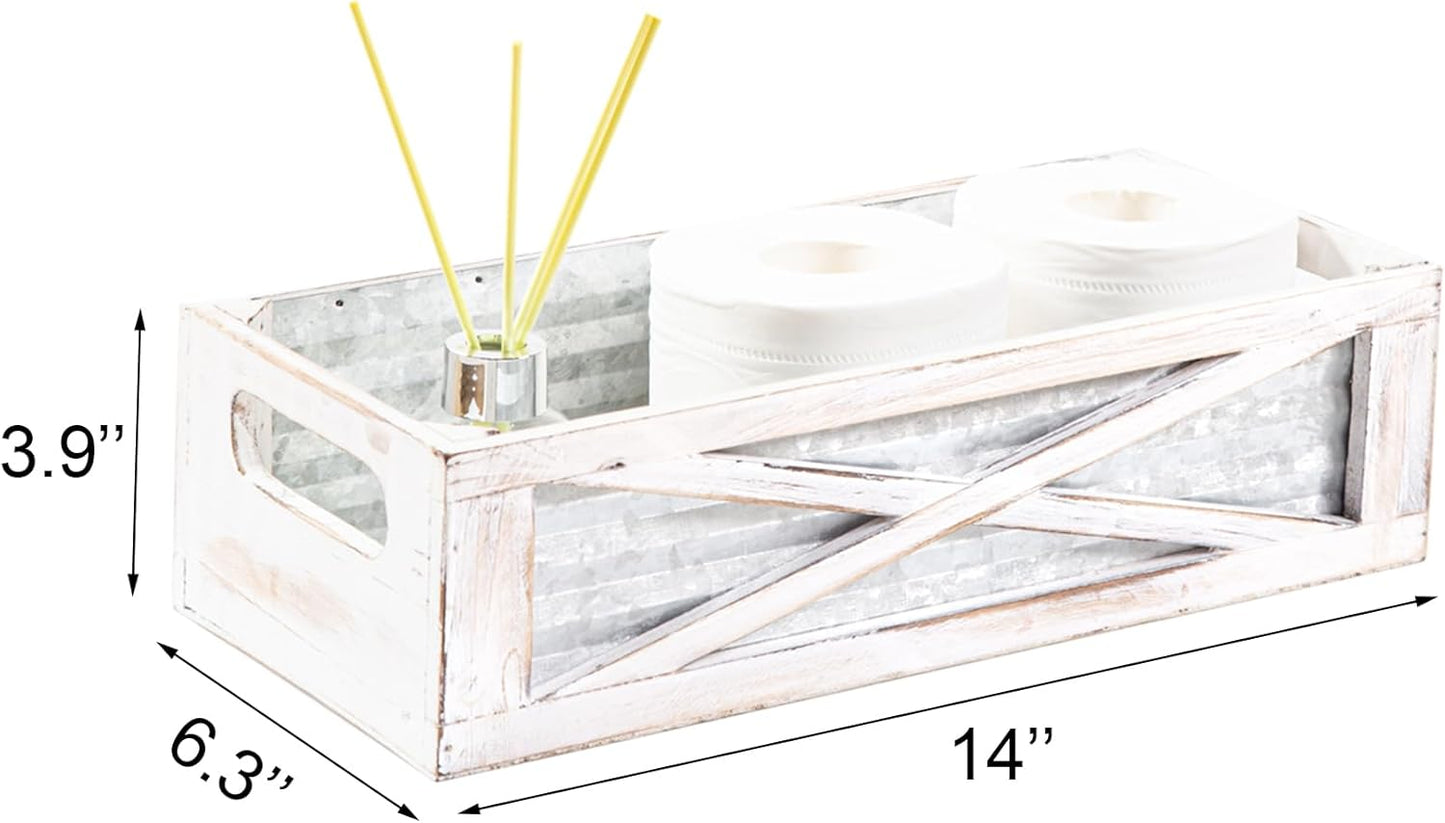 Wooden Toilet Tank Basket, Rustic Bathroom Decor Box, Farmhouse Toilet Paper Organizer Holder, Decorative Bathroom Storage Basket, Barn Door (Whitewash)