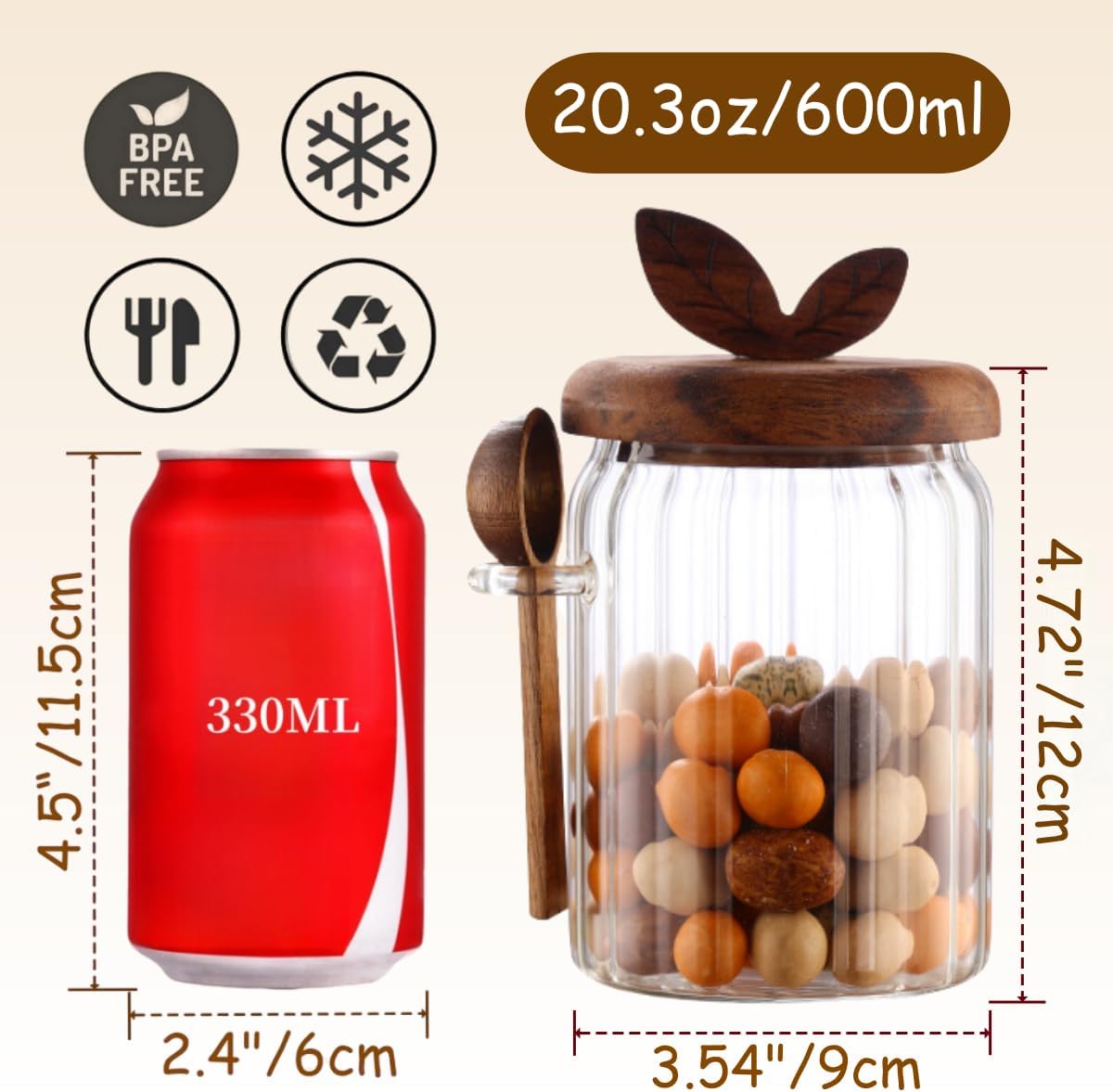ANSQU 2 Pack Glass Jars with Wooden Lids and Spoons, 20.3oz Food Storage Containers Coffee Jar Coffee Grounds Container, Glass Food Storage Canister