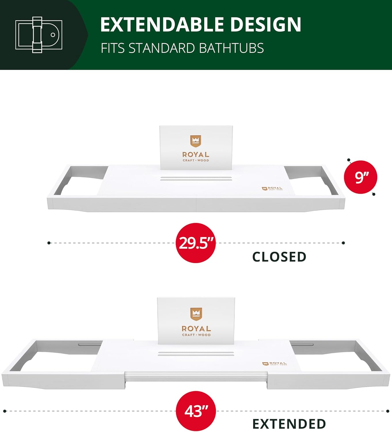 ROYAL CRAFT WOOD Premium Bathtub Tray - Expandable Bath Tray for Tub - Luxury Bathtub & Bathroom Accessories