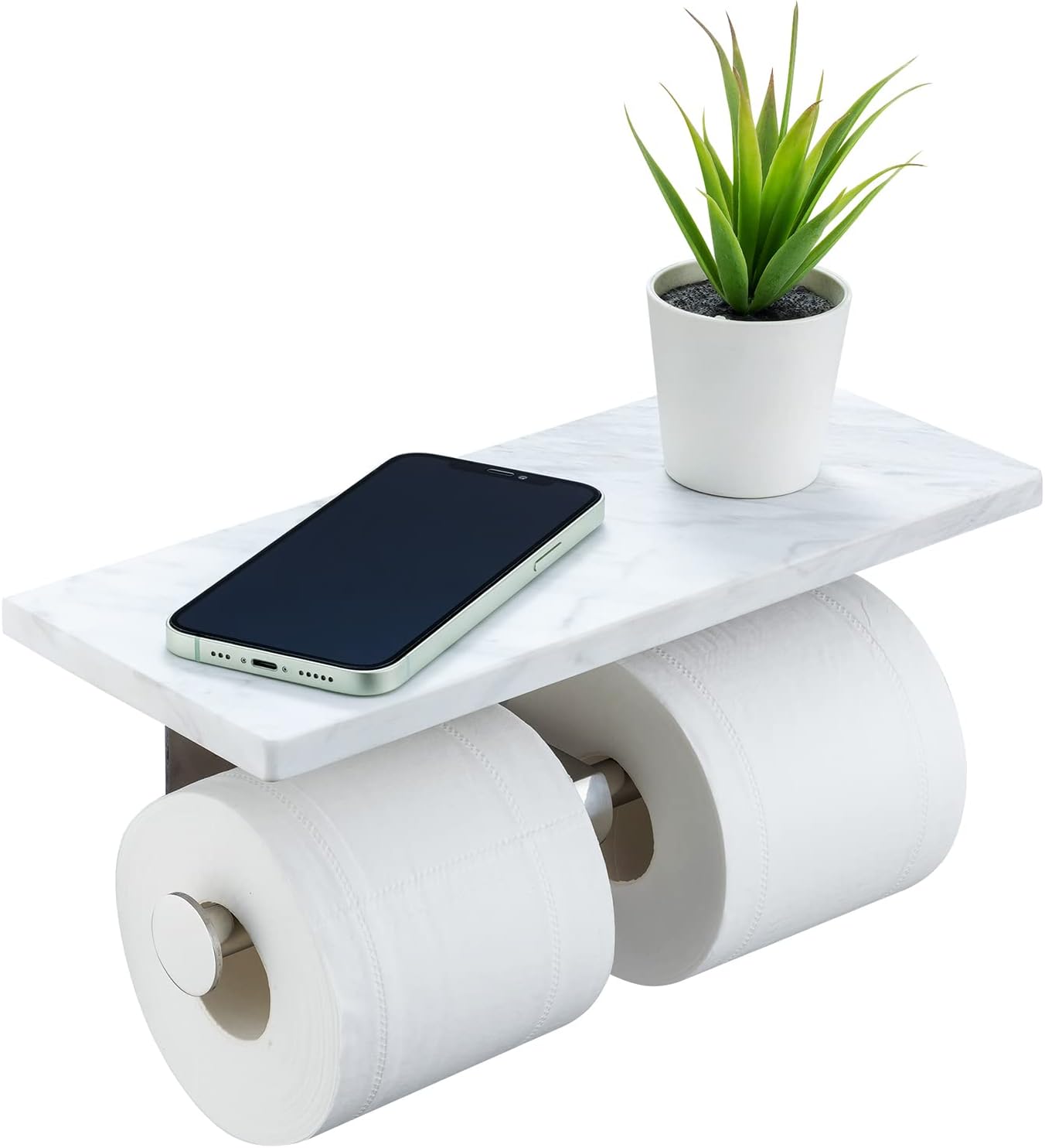 Toilet Paper Holder with Natural Marble Shelf for Bathroom Washroom,Wall Mounted Tissue Holder Suitable for Mega Roll (Brushed Nickel, Large 11.8 * 4.7)