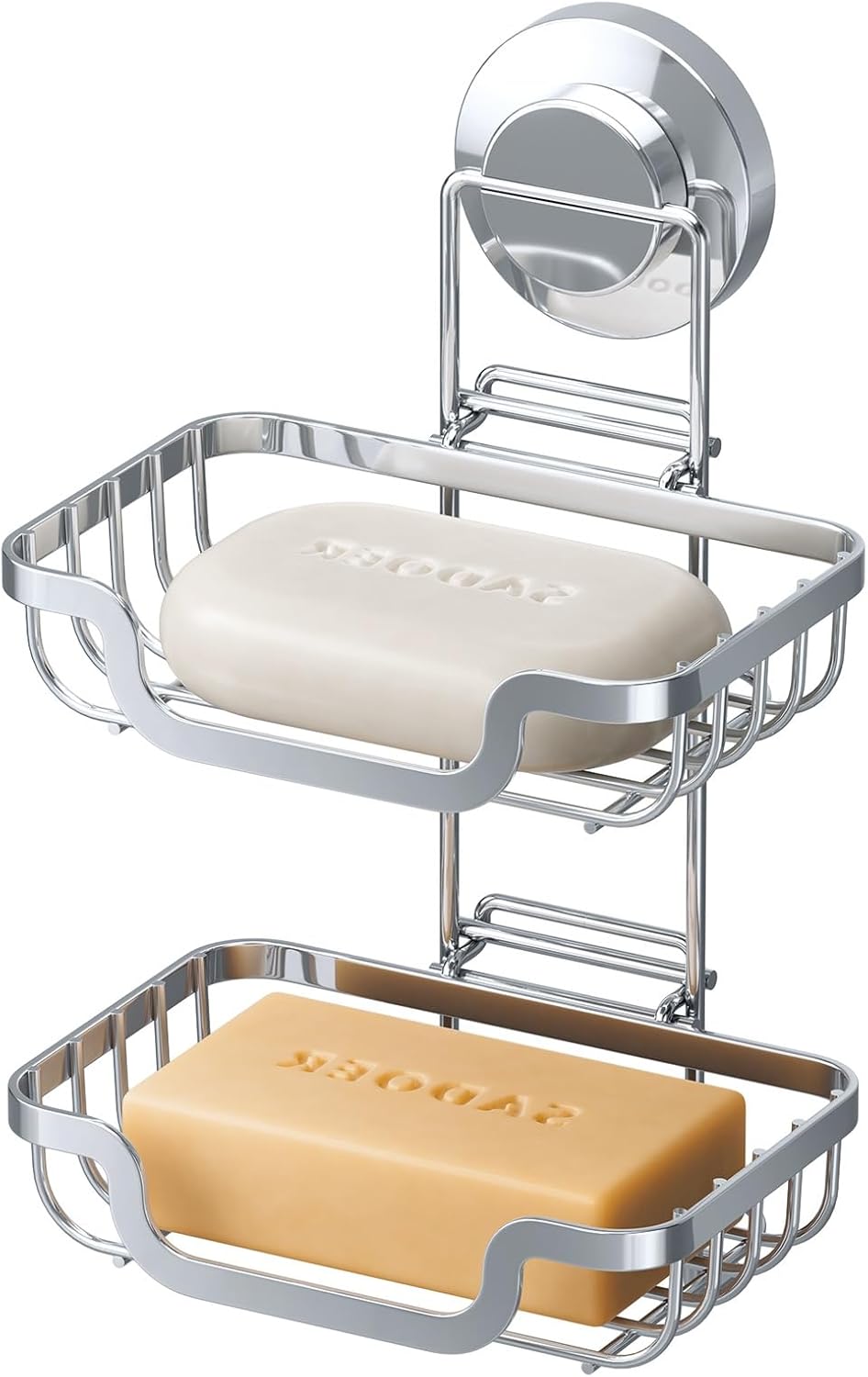 LEVERLOC Bar Soap Holder Dish Suction Cup Wall Mounted, Stainless Steel Double Layer Soap Saver for Shower Bathroom Bath Tub Kitchen Sink, Removable Waterproof, Keep Dry, Silver