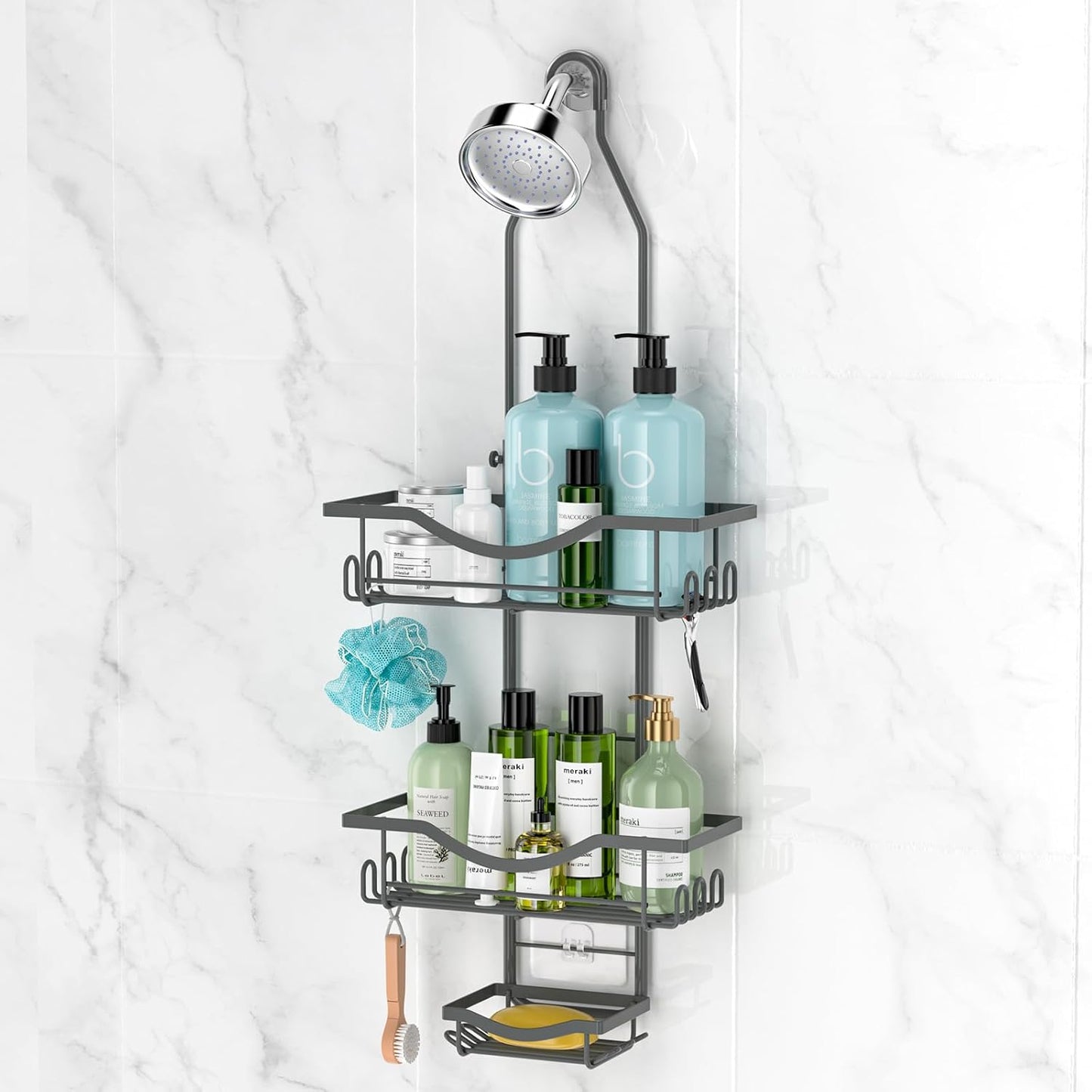 REINHARDT Shower Caddy Hanging Adjustable, Extended Length Rustproof Shower Caddy Over Shower Head with Hooks Soap Holder, Large Capacity Shower Organizer Anti-Swing Bathroom Organizer, Grey
