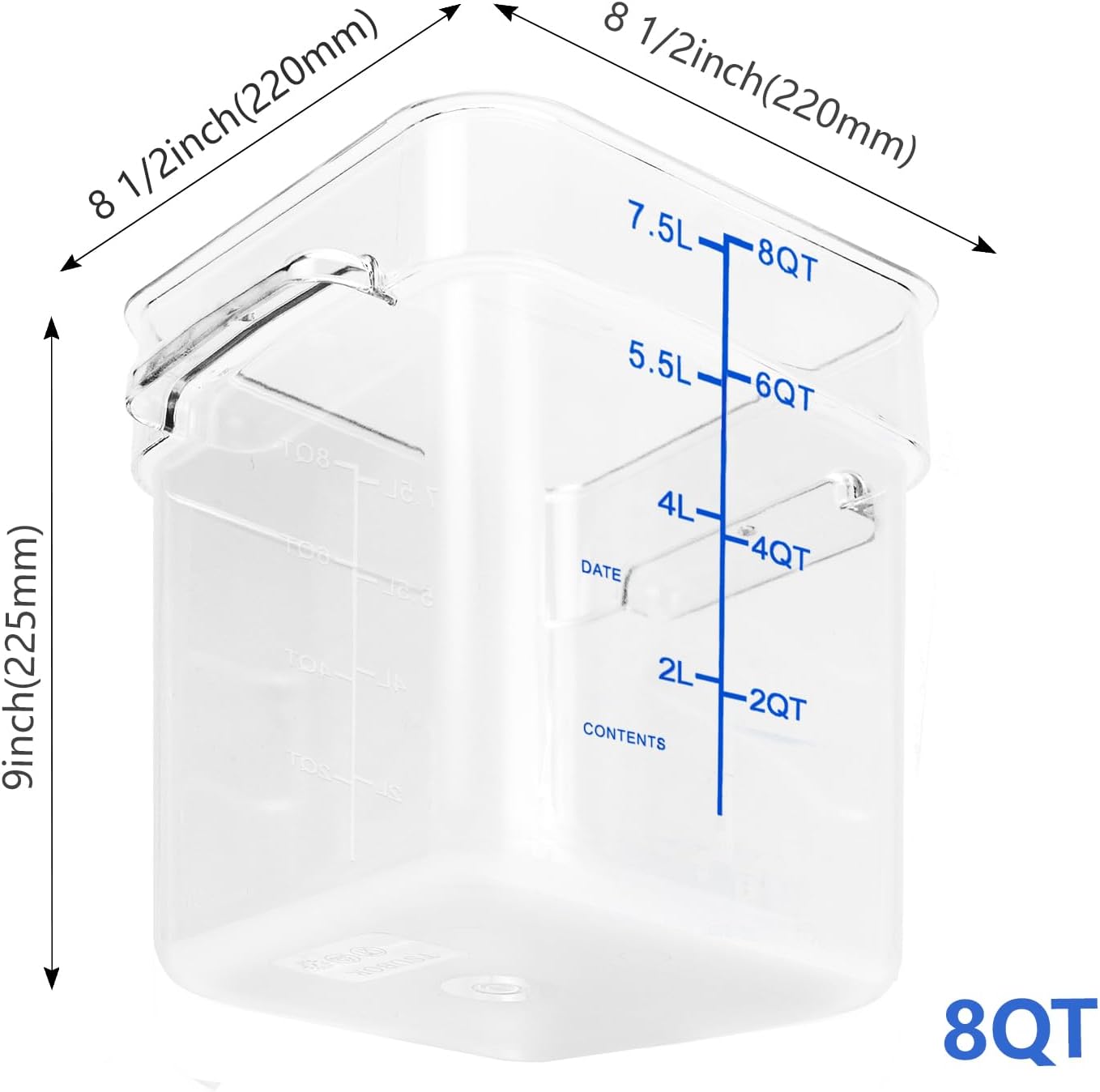 4 Pack Food Storage Containers with Blue Lids, 8.0 Qt - Square, Clear, Polycarbonate