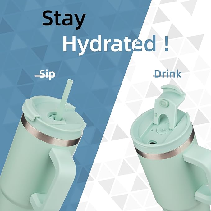 30 oz Tumbler with Handle and 2 Straws,2 in 1 Lid Insulated Water Bottle Stainless Steel Travel Coffee Mug,Retro Green