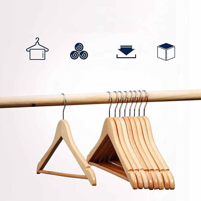 Wooden Coat Hangers, Natural Wood Suit Hangers with Non Slip Pant Bar, for Clothes, Shirts, Jackets, Dress, Pants (Natural, 30)