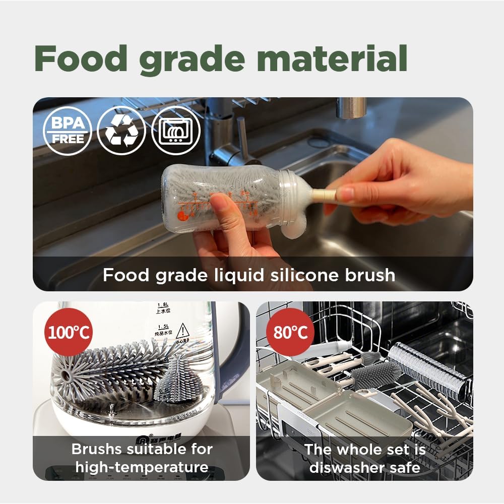 Travel Bottle Brush, Travel Bottle Cleaner Kit with Bottle Drying Rack, Transparent Coffee