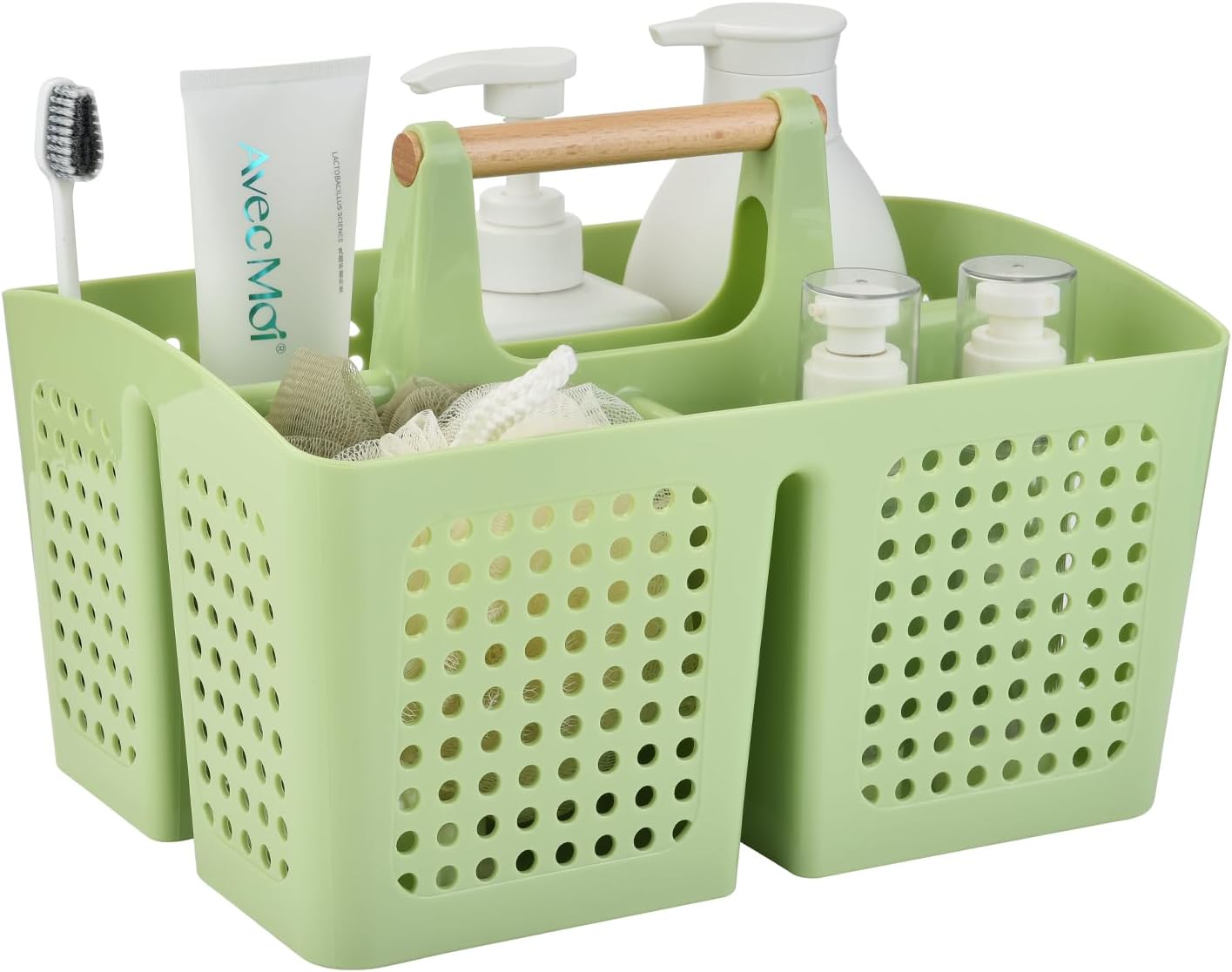 Portable Shower Caddy Basket with Compartments, Plastic Divided Cleaning Caddy Organizer Storage Tote with Handle for Bathroom, College, Dorm Room Essentials, Grass Green