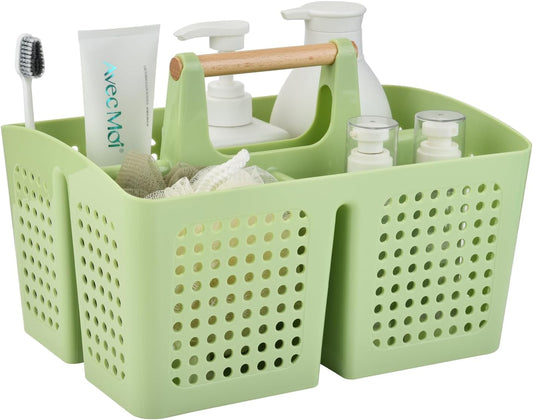 Portable Shower Caddy Basket with Compartments, Plastic Divided Cleaning Caddy Organizer Storage Tote with Handle for Bathroom, College, Dorm Room Essentials, Grass Green