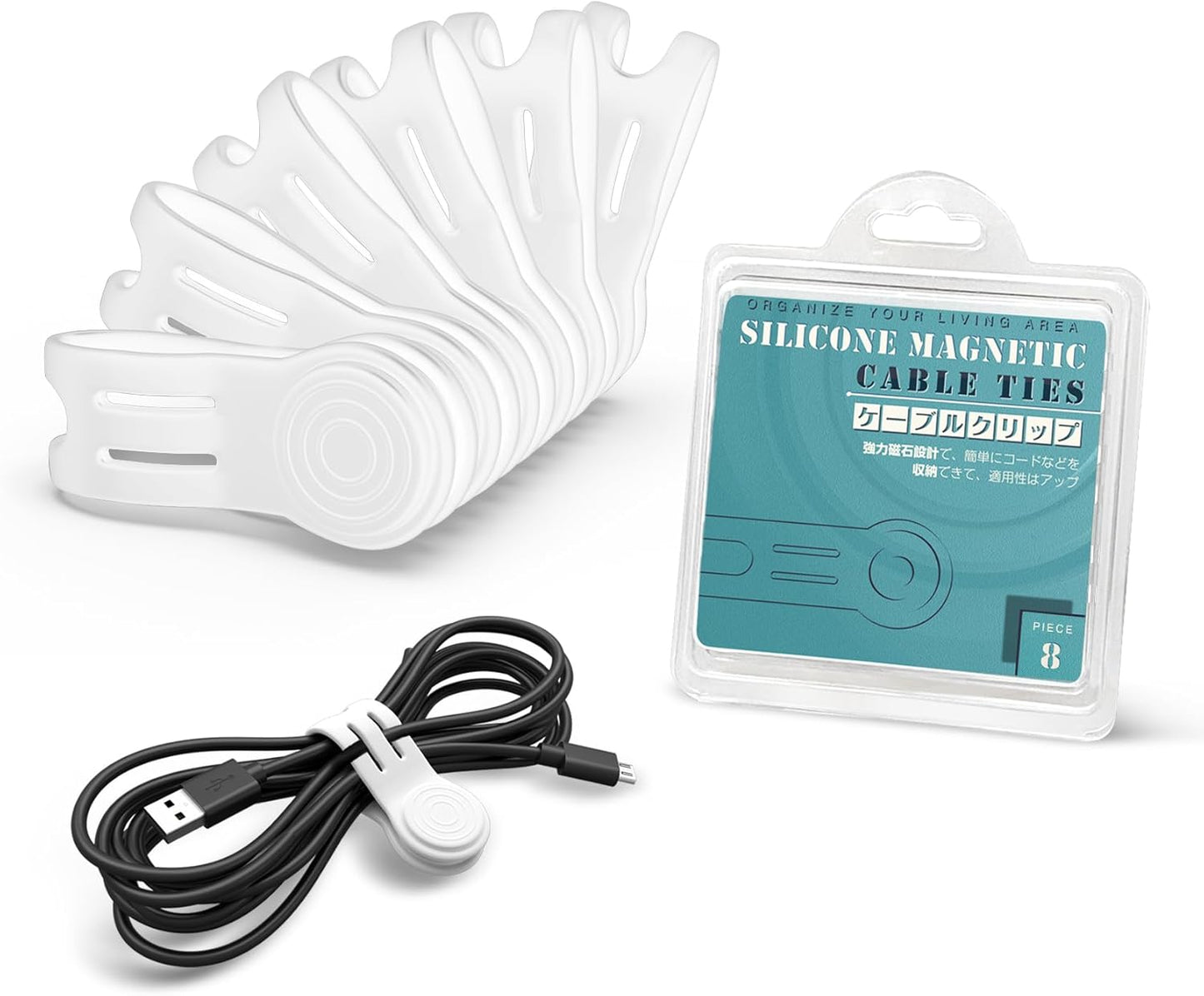 Magnetic Cord Ties Organizers, Kanemc Silicone Cable Tie Cord Wrap Reusable Twist Ties Wire Strap For Charging Cables Headphones USB Type C Cable Small Cords (8-Pack, White)