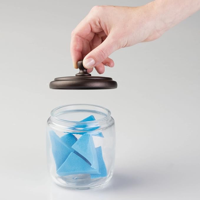 mDesign Small Apothecary Organizer Canister Jars - Glass Containers with Steel Lid for Bathroom, Organization Holder for Vanity, Counter, Hamill Collection - 2 Pack - Clear/Bronze