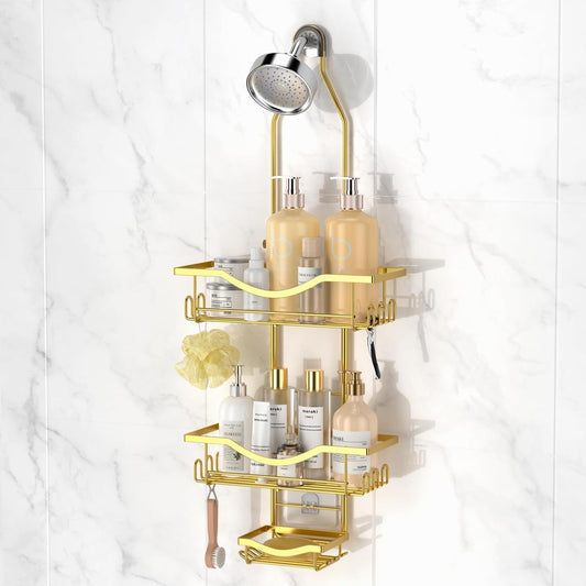 Shower Caddy Hanging Adjustable Shower Caddy, Rustproof Shower Organizer Extended Length Showers Caddy Over Shower Head with Hooks Soap Holder, Large Capacity Anti-Swing Bathroom Organizer, Gold