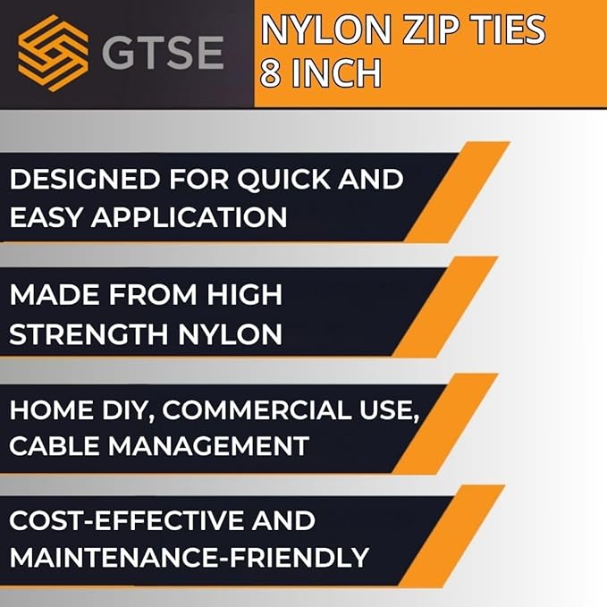 GTSE 8 Inch Black Zip Ties, 100 Pack, 50lb Strength, UV Resistant Strong Nylon Cable Ties, Self-Locking 8" Tie Wraps