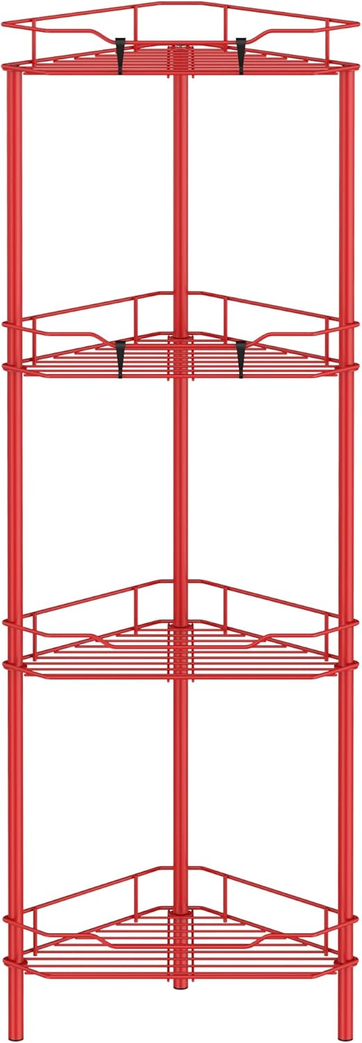 4 Tier Floor Standing Corner Shower Caddy Organizer Shelf with Hooks, Bathroom Shelves Stand Rack, Red