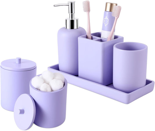 Resin 6 Pcs Purple Bathroom Set Complete with Toothbrush Holder, Lotion Soap Dispenser, 2 Qtip Holder Dispensers,Vanity Tray,Bathroom Tumbler - Countertop Vanity Organizer - Bathroom Accessories