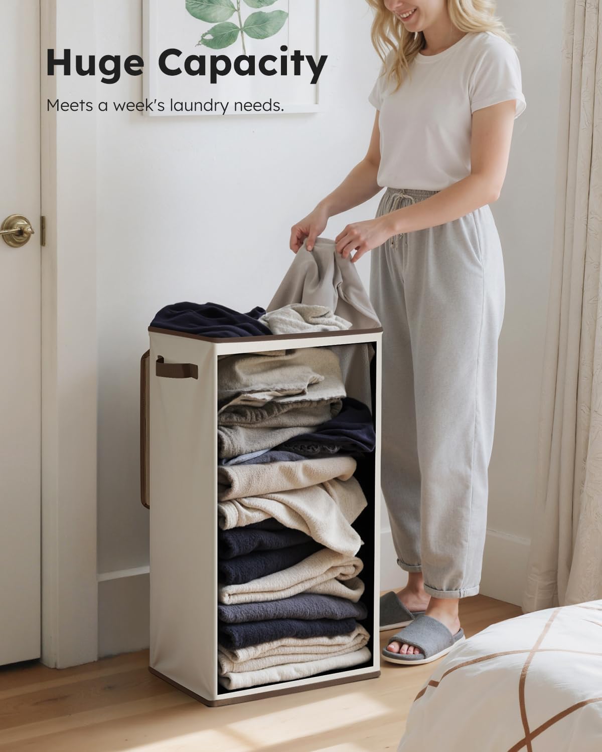 SOLEDI Slim Laundry Hamper with Lid, Narrow Laundry Basket with Removable Bags, Dirty Clothes Hamper with handle, Small Hamper perfect for Laundry room, Bathroom, Bedroom, Small spaces. 70L Beige