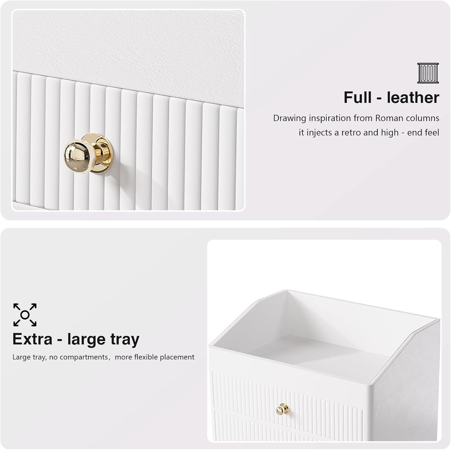 Desk Organizer,Beige White Vegan Leather Desk Accessories & Workspace Organizers with 2 Drawers & Tray,Key Holder with Gold-Tone Metal Accents knob，Jewelry Box,Nightstand