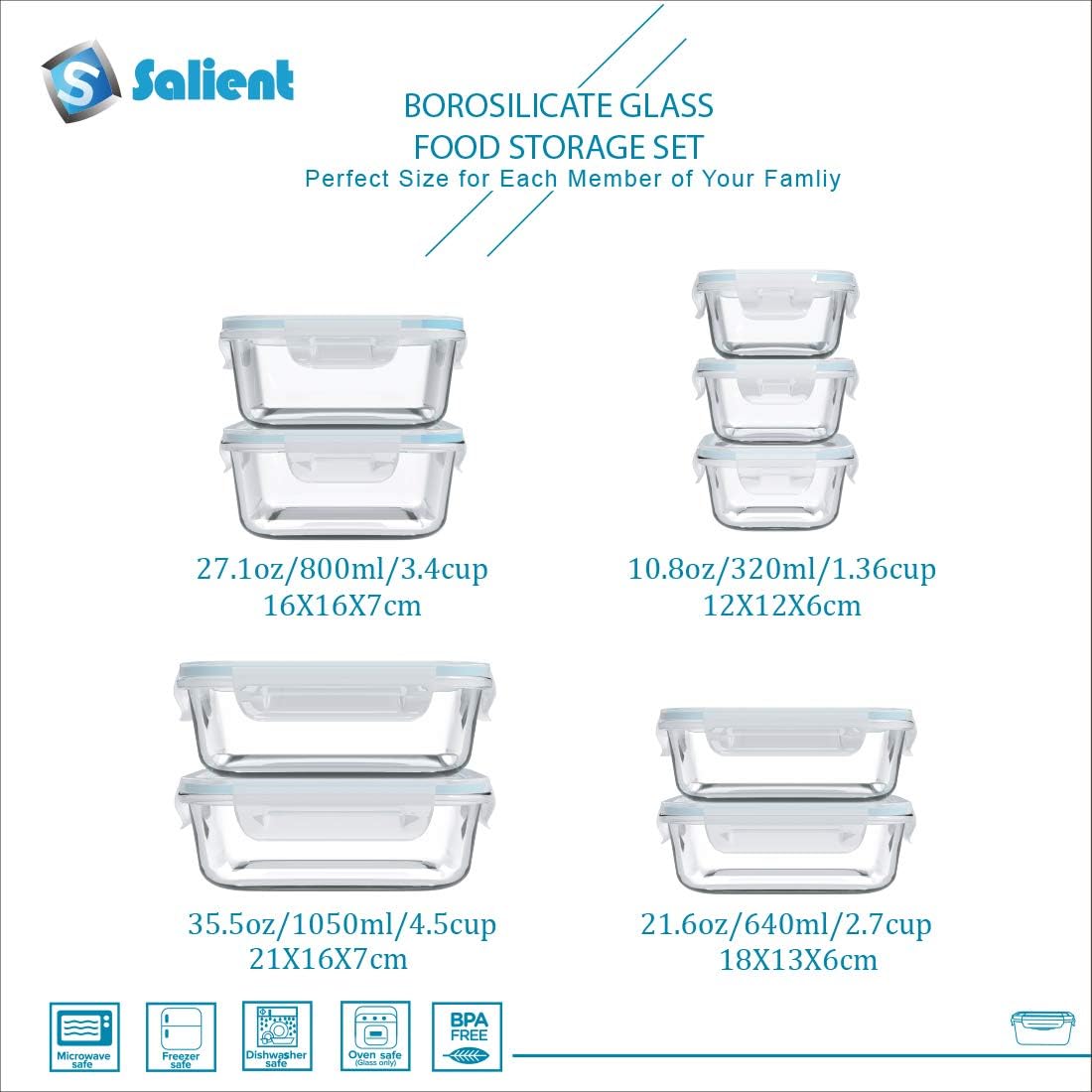 18 Piece Glass Food Storage Containers with Lids, Glass Meal Prep Containers, food storage Containers for Food Storage with Lids, BPA Free & Leak Proof (9 lids & 9 Containers)