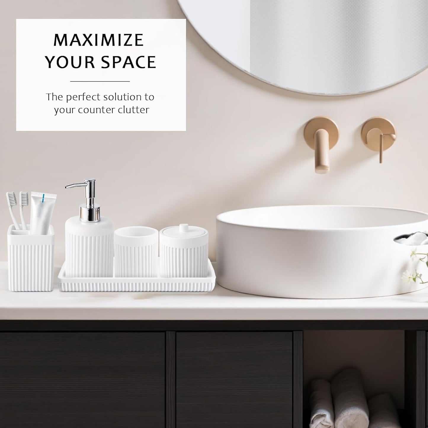 8-Piece White Bathroom Set - Resin Bathroom Accessories Sets Complete with Shower Curtain and Rugs, Soap Dispenser, Toothbrush Holder, Cup, Tray & Cotton Swab Jars