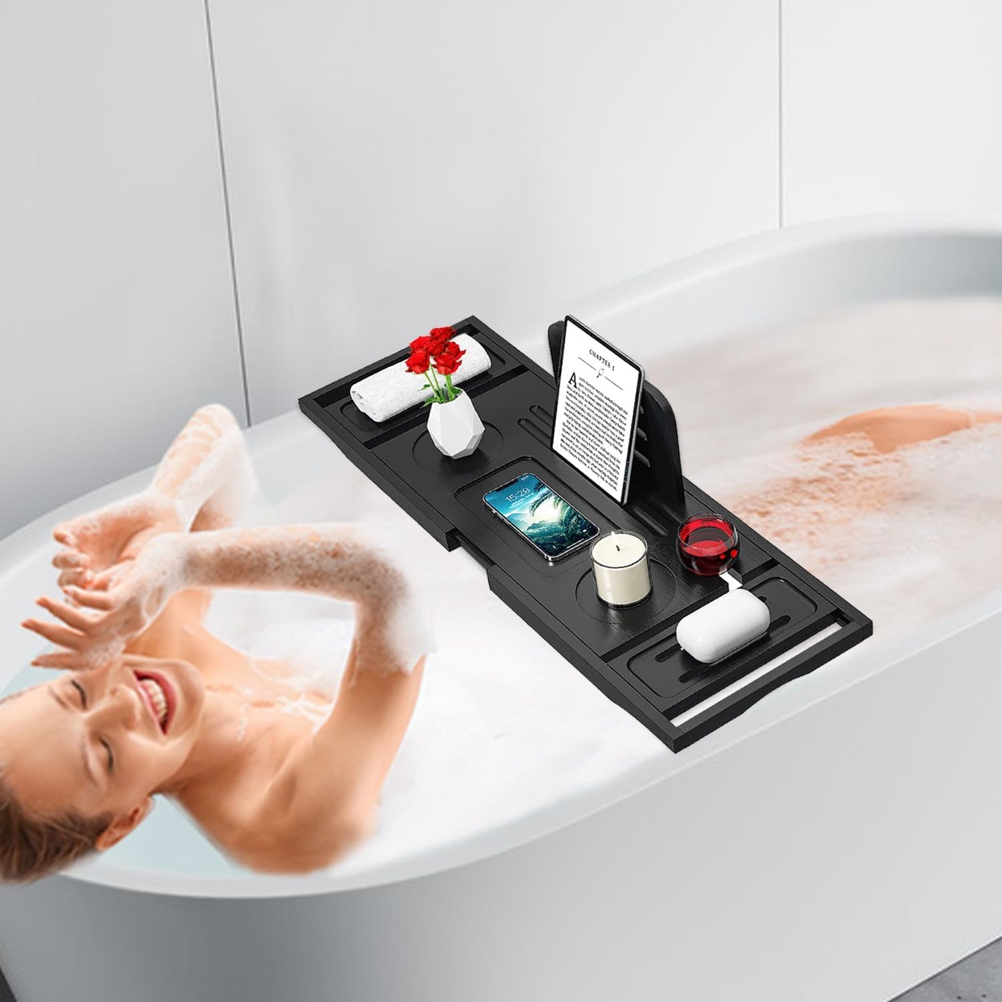 Bathtub Tray Caddy Black- Bath Tray Black - Bath Tub Tray Caddy - Bamboo Bath Tray for Tub - Expandable Size, Fits Most Tubs