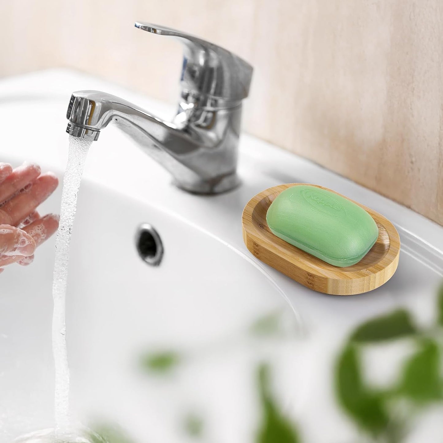 AmazerBath Bamboo Soap Holder, Bamboo Soap Dish, 2 Pack Soap Dishes for Bar Soap, Soap Tray Self Draining, Oval Soap Saver for Shower, Bathroom, Kitchen