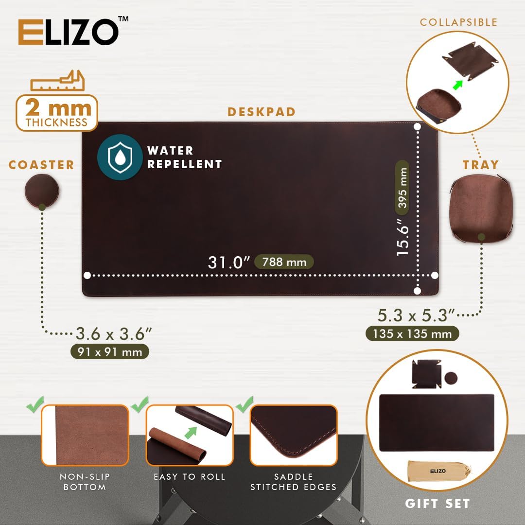 ELIZO Genuine Leather Desk Pad Leather Desk Mat (Hickory, 31x15.6 Single Layer)