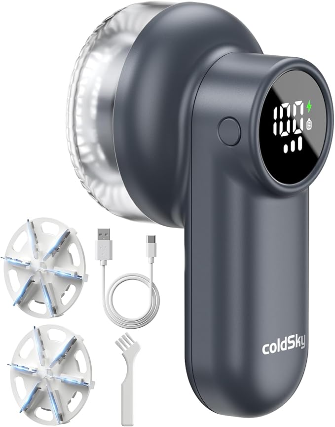 coldSky Rechargeable Fabric Shaver, Lint Shaver with Digital Display, Sweater Shaver with 6-Leaf Blades and Safety Lock, 3-Speeds Defuzzer Remove Fuzz, Pills from Clothes, Furniture, Sofa, Dark Gray